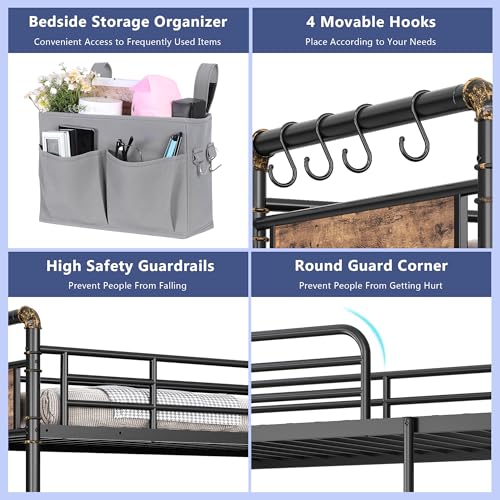 Jocoevol Metal LED Bunk Bed Twin Over Twin with 2 Storage Drawers, USB Charging Station, Industrial Bunkbeds Heavy Duty Bed with Safety Guardrail and Ladder, No Box Spring Needed, Vintage Brown Jocoevol