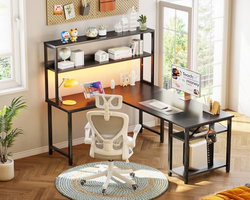 ODK 53" L Shaped Gaming Desk with Hutch & Headphone Hook, Corner Computer Table with Storage Shelves for Home Office, Black ODK