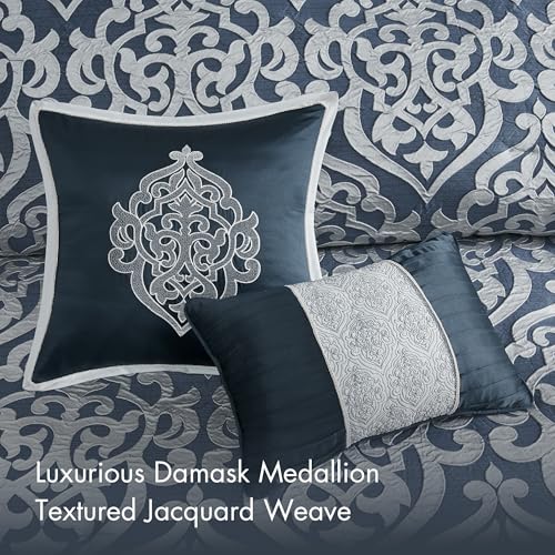 Madison Park Odette Cozy Comforter Set Jacquard Damask Medallion Design - Modern All Season, Down Alternative Bedding, Shams, Decorative Pillows, King(104 in x 92 in), Navy 8 Piece Madison Park
