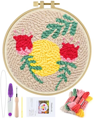 ERKOON Punch Needle Kit Adults Beginners, DIY Easy Floral Embroidery Set for Starter Art Craft, Needling Punch Project with Patterns, Tools, Yarns, Hoop, Instruction (Rose Passing)