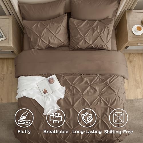 Bedsure Twin Comforter Set Brown - Bed in a Bag Twin Size Bedding 5 Pieces, GentleSoft™ Pintuck Bed Set Gift for Family, Pinch Pleat Brown Comforter with Sheets, Pillowcase & Sham Bedsure