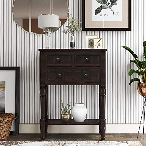 Knocbel Slim Antique Entry Console Table with Drawers & Bottom Open Shelf, Solid Wood Sofa Couch Table for Entryway Hallway Living Room (Espresso) Knocbel