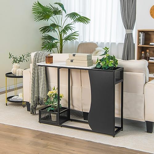 Giantex 43.5" Console Table for Entryway - Modern Entry Table with Faux Marble Top, 2 Mesh Storage Compartments, Metal Frame, Foyer Table, Narrow Sofa Table for Living Room, Hallway, White + Black Giantex