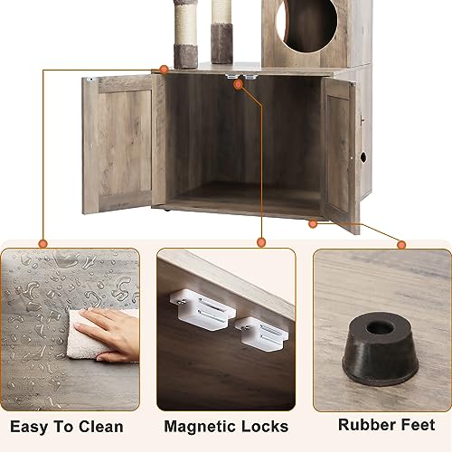 Timberer Litter Box Enclosure with Cat Tree, Wooden Cat House with Cat Tree Tower, Hidden Cat Litter Box Furniture with Scratching Post, Modern Cat Condo, Grey Timberer