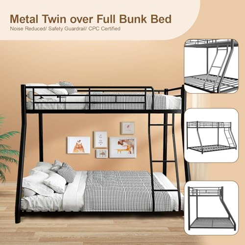 HomJoones Metal Twin Over Full Size Bunk Bed for Adults & Kids,Twin Over Full Bunk Beds, Low Profile Bunkbeds with Length Guardrail and Ladder, No Box Spring Needed,Space Saving HomJoones