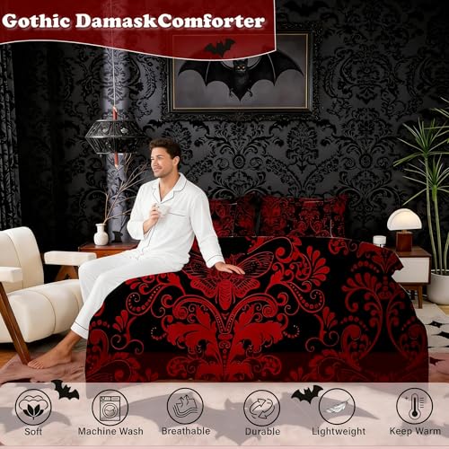 Erosebridal Gothic Damask Bed in a Bag Queen Comforter Set 7 Piece,Exotic Moth Bedding Sets Red Black Victorian Floral Goth Sheet Set with Comforter Erosebridal