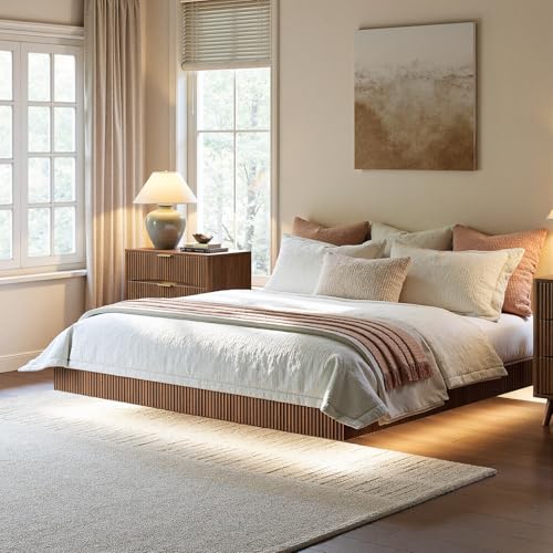 Evermagin Walnut King Floating Bed Frame with led Lights, Mid Century Modern Fluted Floating Platform Bed No Headboard, Heavy Duty Metal Float Bedframe, No Box Spring Needed Evermagin