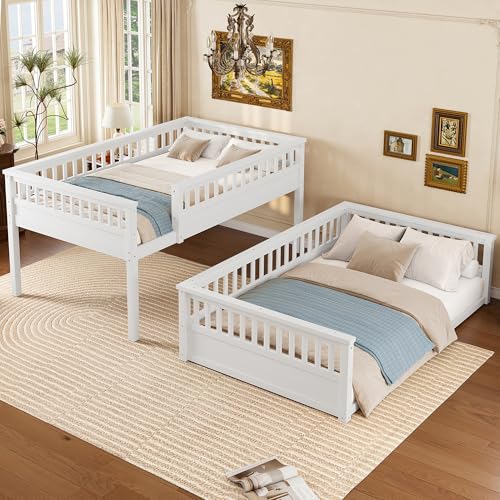 Bellemave Full Over Full Bunk Bed for Kids/Adults,Floor Bunk Beds with Inclined Ladder,Solid Wood Low Bunk Bed for Teens,Girls,Boys,Detachable,White Bellemave