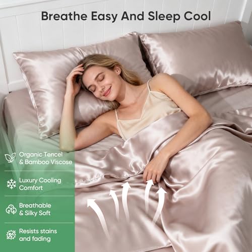 Luxury Organic Tencel & Viscose from Bamboo Cooling Sheet Set,Silky Soft Lyocell Sheets with Deep Pocket, Hypoallergenic & Breathable Bedding with Pillowcases (Sand, King) Pillcase