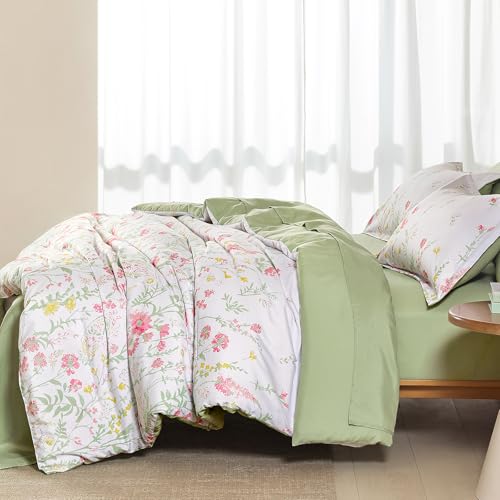 Yiran 7 Piece Floral Full Size Comforter Set, Pink Green Cute Comforters Bedding Set for Women Girls,Botanical Bed in a Bag Soft Lightweight Coquette Bedding Set with Sheets All Season