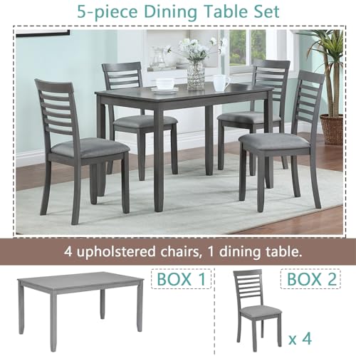 KEIKI 5-Piece Standard Height Dining Table Set with Rectangular Table and 4 Upholstered Ladder Backrset Chair, for 4 Person, Modern Wooden Table Set, Easy Assembly, for Kitchen, Dining Room, Gray KEIKI