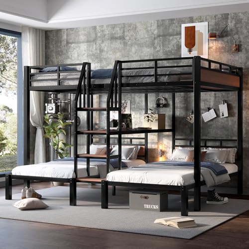 Bellemave Queen Over Twin Over Twin Bunk Bed with Shelf and Stairs, Heavy Duty Triple Bunk Beds with Safety Guardrails, Metal Triple Bunk Bed Frame for 3 Kids, Teens, Black Bellemave