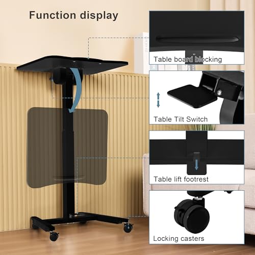 Fromann Mobile Standing Podium Desk Laptop Sit to Stand Height Adjustable Workstation with Wheels,Gas Spring Lift Mechanism Desk (Black) Fromann