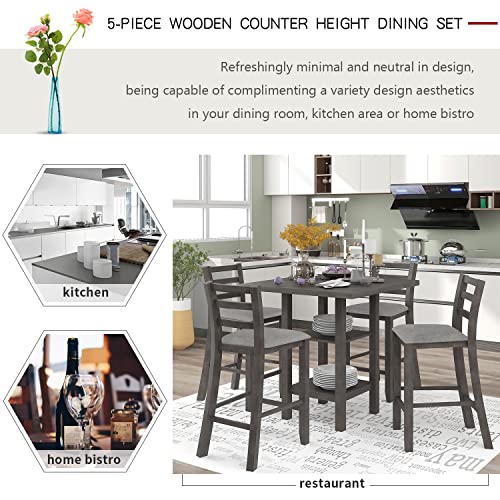 Bellemave 5 Piece Wooden Counter Height Dining Set, Square Dining Table with 2-Tier Storage Shelving and 4 Padded Chairs, Kitchen Dining Table Set for 4 Persons, (Gray & Storage) Bellemave
