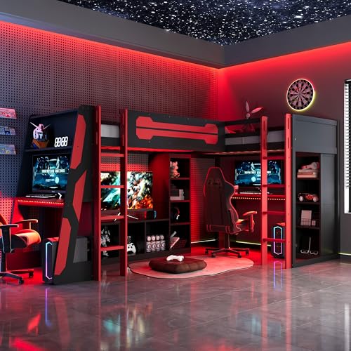 Merax Twin Size Gaming Loft Bed with Desk, TV Stand and Storage Shelves, Solid Wood Dual Twin Bed Frame with RGB LED Lights & USB Ports for Teens Bedroom, Space-Saving Design, Reversible Layout, Red Merax