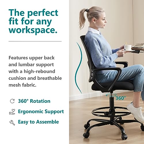 DUMOS Drafting Chair - Counter Height Adjustable Tall Office Desk Chair with Fixed Armrests and Comfortable Lumbar Support for Standing Desk, Deep Black DUMOS