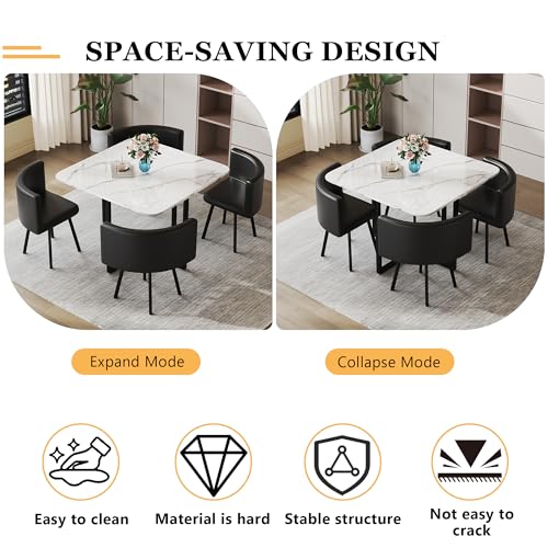 ModaWhly 39" Square Dining Table Set for 4, Space-Saving Negotiating Table Set with 4 Upholstered Chairs, 5 Piece Set Marble Tabletop & Black Chair ModaWhly