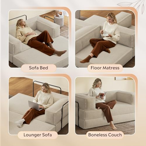 WLIVE 71'' Futon Sofa Bed, Convertible Sleeper Sofa, Folding Pull Out Couch Boneless Mattress with Fixed Frame, Corduroy, with Storage Pocket, Beige WLIVE