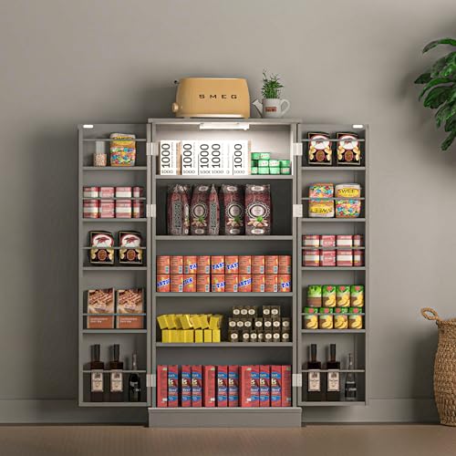 Furnaza LED Kitchen Pantry Storage Cabinets - 50 Inch Food Cabinets Buffet Cupboards with 2 Doors and Shelves Adjustable for Small Space in Dinning Room, Living Room, in Grey Furnaza