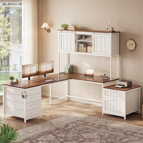 SEDETA Farmhouse L Shaped Office Desk with 6 Drawer, Reversible Computer Desk with Power Outlet, Hutch for Home Office/Two Person, Corner Desk with File Drawer & Printer Storage Shelves, White SEDETA