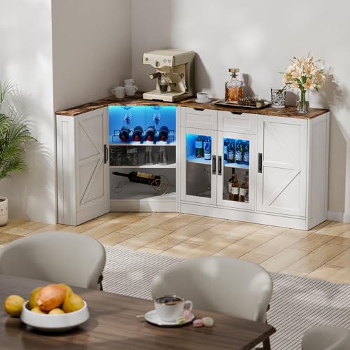 L-Shaped Kitchen Buffet Storage Cabinet - Corner White Sideboards and Buffets with Storage Drawer & Door, 65'' Long Farmhouse Coffee Bar with LED & Wine Rack, Dining Room Islands for Kitchen (White) Gyfimoie