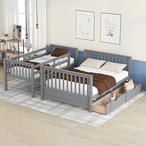 Merax Wood Bunk Bed with Drawers,Convertible Wood Bunk Bed with Ladders and Two Storage Drawers,Solid Wood Detachable Bed Frame with Ladders,Twin Over Full Size,Grey Merax