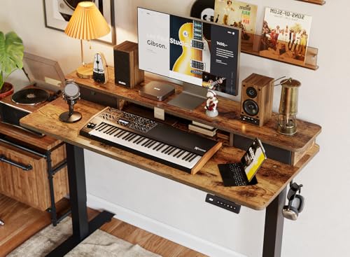 BANTI 55x24 Inch Electric Standing Desk with Dual Drawers, Height Adjustable Stand Up Table, Sit Stand Home Office Desk with Storage Shelf, Black Frame/Rustic Brown Top BANTI