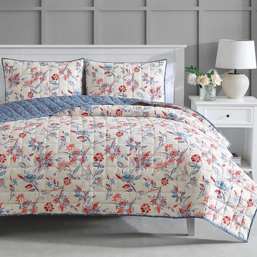 Martha Stewart King Size Quilt Bedding Set - 3 Piece, Soft Washed Microfiber, Printed Bedspread, Reversible, All Season, 1 Quilt, 2 King Pillow Shams, Blue, White & Red, Painted Floral Print Martha Stewart