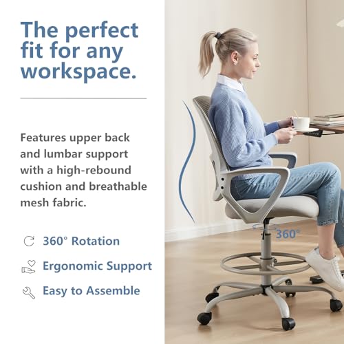 DUMOS Drafting Chair - Ergonomic Tall Office for Standing Desk, Counter with Height Adjustable and Comfortable Lumbar Support, Fixed Armrests, Grey DUMOS