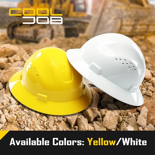 COOLJOB Full Brim Hard Hat, OSHA Construction Work Approved, HDPE Safety Helmet with 4 Point Adjustable Ratchet Suspension, Class E, G & C, Yellow COOLJOB