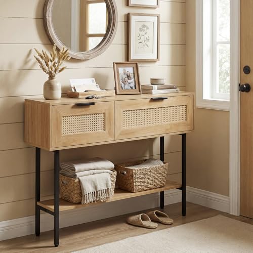 Giantex Rattan Console Table with Storage, 40" Boho Entryway Table w/ 2 Flip Door Cabinets & Shelf, Metal Frame, 2 Anti-Tipping Kits, Narrow Long Behind Couch Sofa Table for Entrance Hallway, Natural Giantex