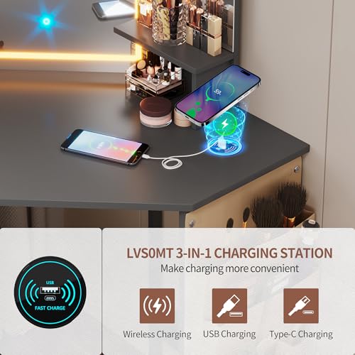 LVSOMT Corner Makeup Vanity Desk with Mirror and Lights, Dressing Table with Charging Station, Makeup Table with Stool, Storage Cabinet and Adjustable Shelf, Bedroom Vanity for Girls Women, Grey LVSOMT