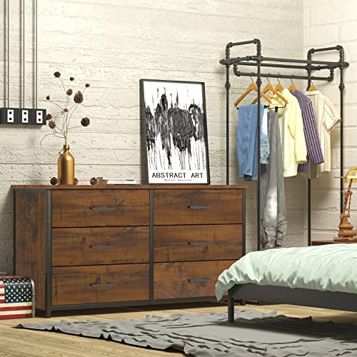 IKENO 6 Drawer Double Dresser, Industrial Wood Dresser for Bedroom, Storage Cabinet with Sturdy Steel Frame IKENO