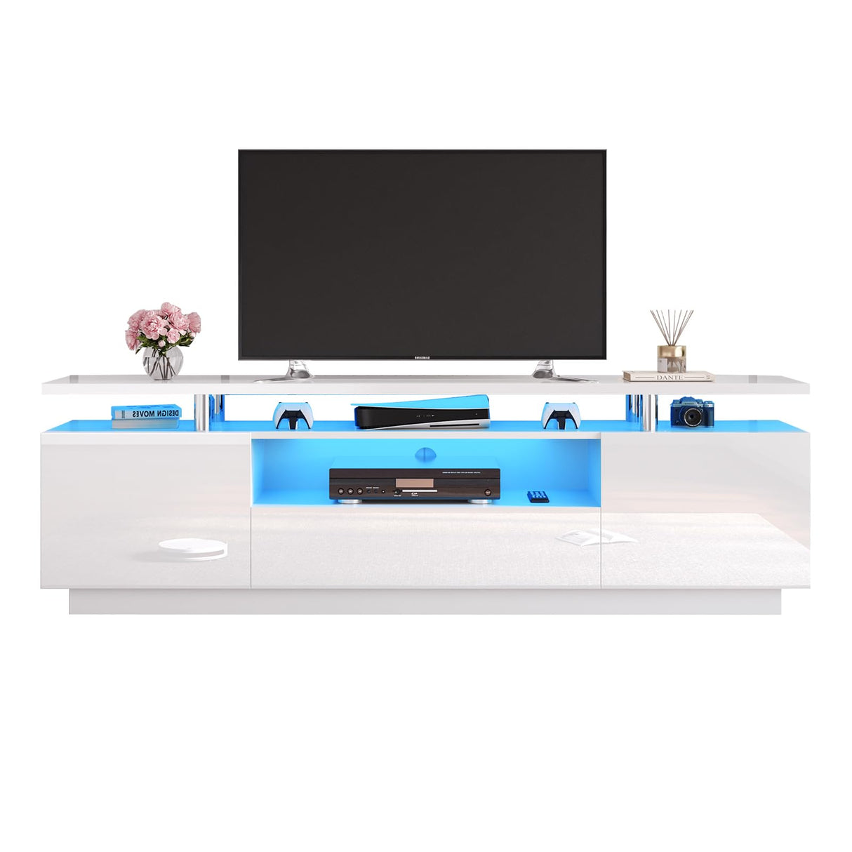 LUXOAK 70in LED TV Stand, Modern Entertainment Center with Open Storage Shelves and Drawer for TVs Up to 80", High Gloss Media for Living Room, Bedroom, Gaming Room, White LUXOAK