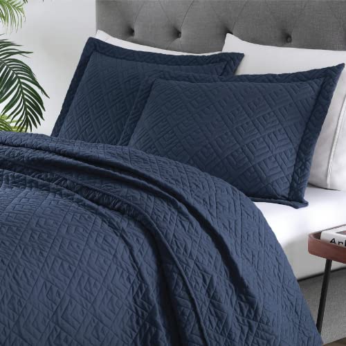 EXQ Home Quilt Set Full Queen Size Navy 3 Piece,Lightweight Soft Coverlet Modern Style Squares Pattern Bedspread Set(1 Quilt,2 Pillow Shams) EXQ Home