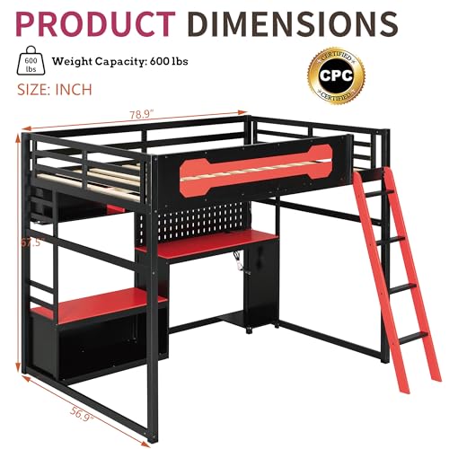 OYUMOENTS Full Size Gaming Loft Bed with Desk and LED Lights, Wood Loft Bed with Storage Shelves & USB Ports, Full Size Loft Beds Frame for Adults Kids Teens, Black+Red OYUMOENTS