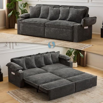 82.7’’ King Size Pull Out Sofa Bed, 3 in 1 Convertible Sleeper Sofa Bed with Futon Sofa , Chenille Loveseat Couch Bed with USB and Storage Pockets for Living Room,Bedroom, Pet-Friendly (Dark Gray)