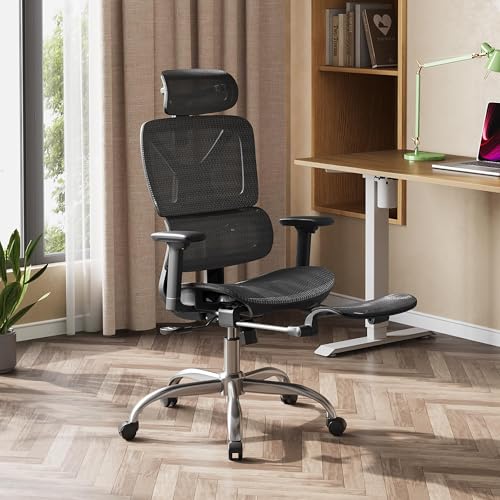 DEVAISE Ergonomic Mesh Office Desk Chair with a Footrest, Heavy Duty, High Back Reclining Swivel Comfy Home Computer Chair with Lumbar Support, SGS Class 4 Gas Lift, for Work Home Office, Black DEVAISE
