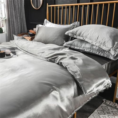 Solid Color Silk Bedding Set with Duvet Cover Bed Sheets Pillowcases Smooth Satin Single Queen Double Twin Size Generic