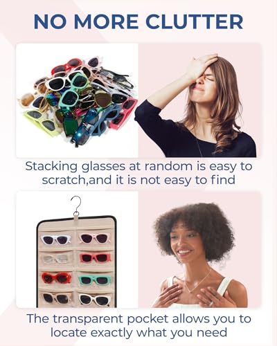 BAGSMART Hanging Jewelry Organizer, Dust Proof Sunglasses Storage Case Wall Mounted, Travel Dual Sided Glasses Case Multiple Pairs, Eyeglasses Holder with 32 Clear Slots & Metal Hook, Black BAGSMART