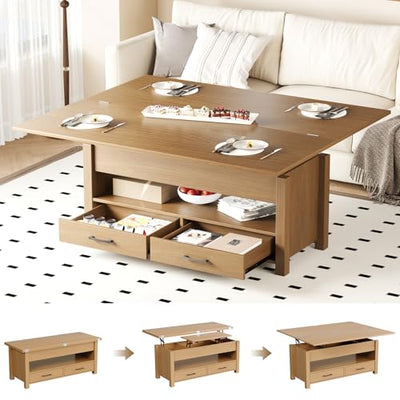 Garvee 40" Coffee Table Lift Top, Multi-Function Convertible Coffee Table with Drawers and Hidden Compartment, Converts to Dining Table for Living Room, Raw Wood