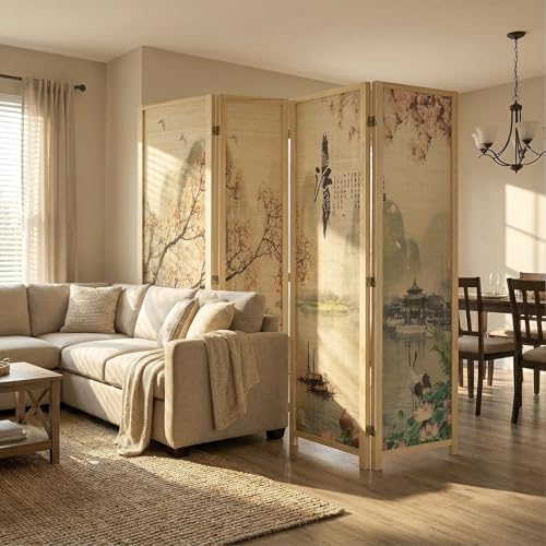 MyGift 4-Panel Folding Bamboo Room Divider Asian-Inspired Cherry Blossom Scene, 6 FT Freestanding Floral Artwork Room Partitioner with Beige Wood Frame MyGift