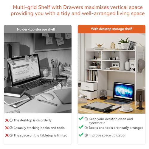 ELECWISH Desktop Bookshelf, Desk Shelf with 2 Drawers for Computer Desk, 36.22" 7-Tier Adjustable Desktop Hutch Organizer with Pegboard for Home Office, White ELECWISH