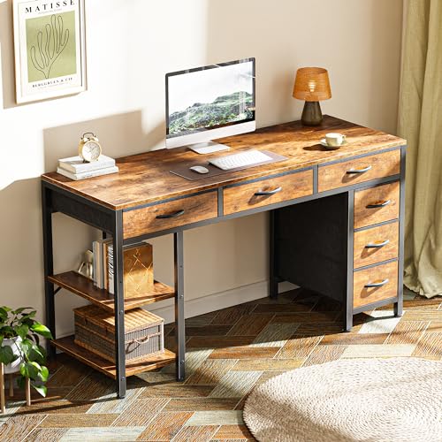 Huuger Computer Desk with 6 Drawers, 47 Inch Office Desk with Shelves, Reversible Gaming Desk, Corner Desk with Storage, Work Desk for Home Office, Study, Living Room, Rustic Brown Huuger