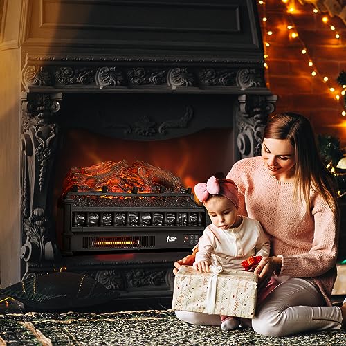 TURBRO Eternal Flame Infrared Electric Fireplace Logs, 23" Infrared Quartz, Remote Control Fireplace Insert Log Heater, Realistic Lemonwood Ember Bed, Thermostat, Timer, 1500W Black TURBRO