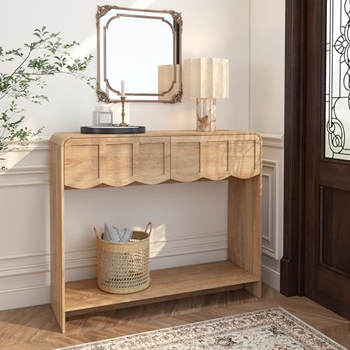 Topbele Console Table with 2 Drawers, Mid-Century Modern 42" Entryway Table with Open Storage Shelves, Sofa Table Behind Couch for Living Room, Hallway, Natural Topbele