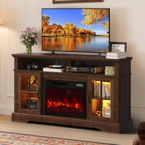 Breezestival 58" Fireplace TV Stand, Modern Entertainment Center for TVs Up to 70”, TV Console with Storage Cabinets, Media Console for Living Room, Brown TV Stand and Black Fireplace Breezestival