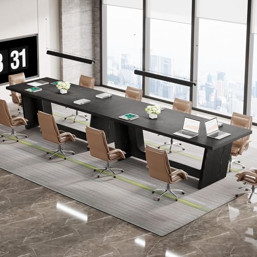 Tribesigns 12FT Conference Table, Modern Meeting Seminar Table for 12-14 Person, Rectangular Solid Executive Business Furniture Boardroom Desk for Office,(Set of 2, Black) Tribesigns