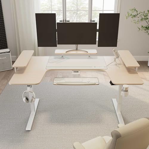 EUREKA ERGONOMIC Gaming Standing Desk with Keyboard Tray,74" U Shaped Studio Desk for Recording&Live,Electric Height Adjustable Desk w LED Convertible Shelves,Maple EUREKA ERGONOMIC