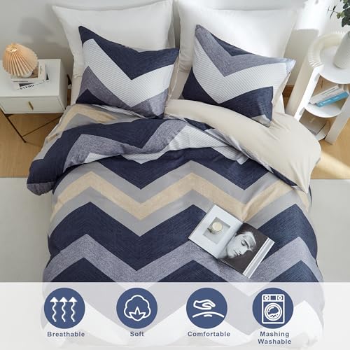 BOLINLIVING Wavy Striped Queen Duvet Cover Set, Blue Geometric Zipper Duvet Cover 104"x90" with 2 Pillow Sham 20"x36", 3 Pieces Soft Breathable Single Bedding Sets with 4 Corner Ties BOLINLIVING
